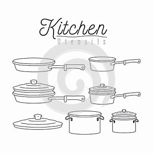 White background with silhouette set of kitchen pots and pans with lids kitchen utensils photo