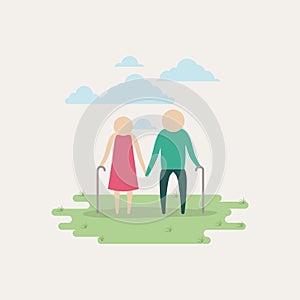 White background sky landscape and grass with silhouette set pictogram elderly couple in grass