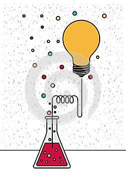 White background with sparkles of glass beaker connected to light bulb and dots