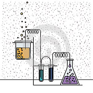 White background with sparkles of glass beaker connected to test tube connected for experiment process