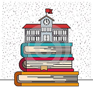 White background with sparkles of school buildinf on stack of books