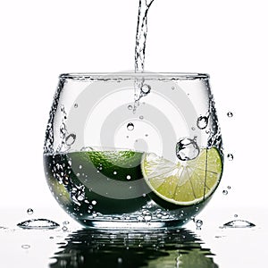 white background with splashes and drops of water and lime on the window glass.