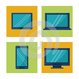 White background with square frames graphics with icons of tech devices computer tablet and smartphone