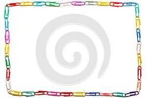 White background with Straight frame made of colorful paper clips