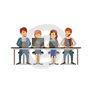 White background with teamwork of women and men sitting in desk with tech devices