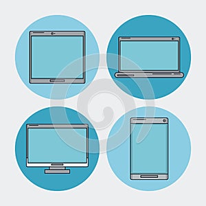 White background with tech device as laptop and desktop computer and tablet and smartphone in blue circles