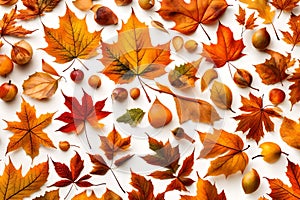 On a white background, there are autumn leaves. October is the month I adore.