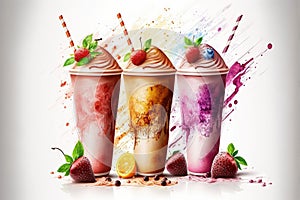 On a white background, three fruit shakes or smoothies with straws and garnishes