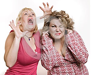 On a white background two adult women blonde scare