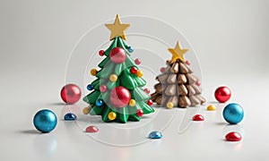 A white background with two green and brown trees and balls on the floor.