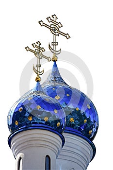 On a white background, under clipping, two domes of a Christian church of different sizes, with crosses at the top