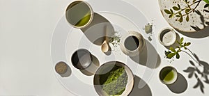 A white background with a variety of bowls and cups containing green tea and other herbs. The bowls and cups are arranged in a way