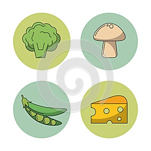White background with vegetables cauliflower mushroom peas and slice cheese in round frames