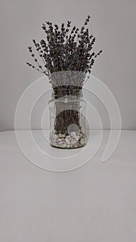 On a white background vertical image glass jar with lavender and sea stones