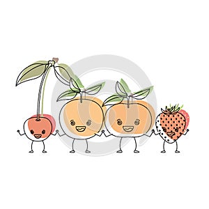 White background with watercolor silhouette set fruits cherry strawberry tangerine and orange in caricature