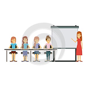 White background with women group sitting in a desk for executive female in presentacion business people photo