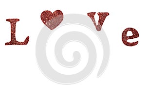 On a white background, the word Love consists of shiny red letters and a heart.