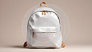 White Backpack with Brown Straps and Contributor Upload Overlay