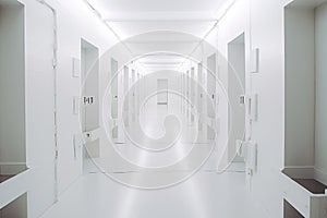 White backroom, many ways empty and labyrinth. AI generative