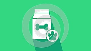 White Bag of food for pet icon isolated on green background. Food for animals. Dog bone sign. Pet food package. 4K Video