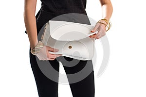 White bag in woman's hands.