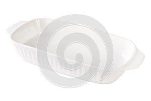 White baking dish empty isolated on white. Horizontal close-up