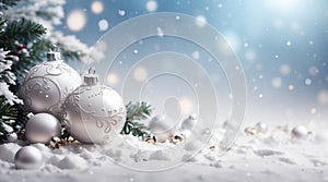 white ball Christmas , Bright Christmas Holidays background with Xmas white ornament on snow1