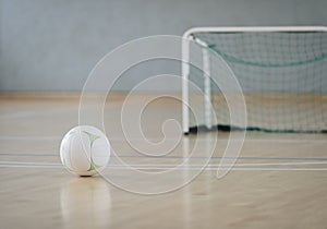 White ball at futsal court. Team sport.