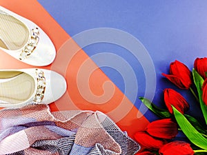 white ballet flat lady shoes on red and blue background