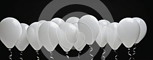 White balloons isolated on black background, wide panoramic design for website banner or flier, usable as header. Anniversary,