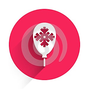 White Balloons with snowflake icon isolated with long shadow. Merry Christmas and Happy New Year. Red circle button