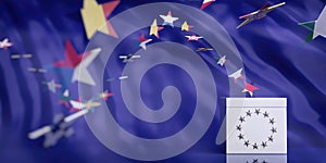 White ballot box on European Union flag abstract background. 3d illustration