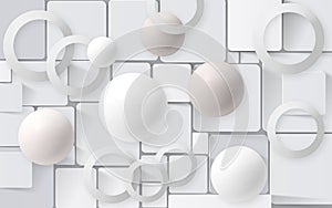 White balls with circles on the background of the tiles. 3D Wallpapers for interior 3D rendering.