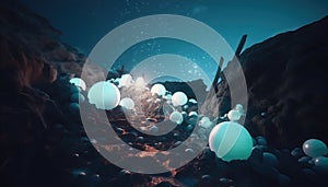 White balls floating and standing on a rocky terrain with mountains st night,Surreal landscape, AI generated