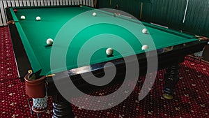 White balls on a green billiard table with pockets