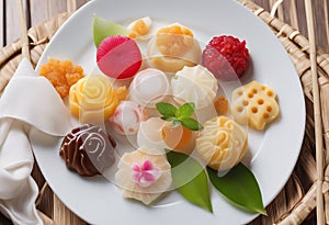 white bamboo plate sweet Delicious thai view candy dessert napkin allure Top