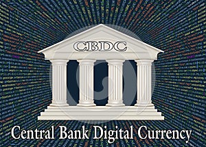 White bank illustration isolated on background of program code. Central Bank Digital Currency CBDC concept