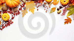 White banner with copy space - border from various colorful autumnal leaves, berries and pumpkins