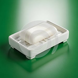 A white bar of soap placed in a rectangular white ceramic soap dish with ridges,