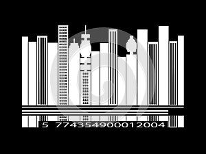 White barcode cityscape silhouette over black background