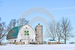 White Barn with Green Quilt and Silo, Winter