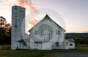 White Barn and silo at sunset late summer