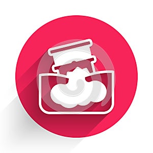 White Barrel oil leak icon isolated with long shadow. Red circle button. Vector