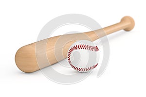 White Baseball Ball and Wooden Bat. 3d Rendering
