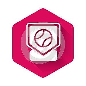 White Baseball base icon isolated with long shadow background. Pink hexagon button. Vector