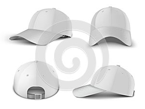 White baseball cap side perspective, front, back side view realistic vector template set.