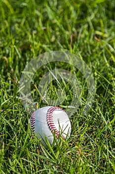 A white baseball on the fresh green grass
