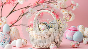 A white basket is full of colorful pastel Easter eggs with cute patterns on spring flowers and a pink blurred background with