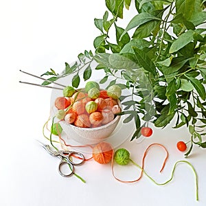 White basket with green and orange knitting yarn.