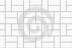 White basket weave tile mosaic layout. Stone or ceramic brick wall background. Kitchen backsplash texture. Bathroom or